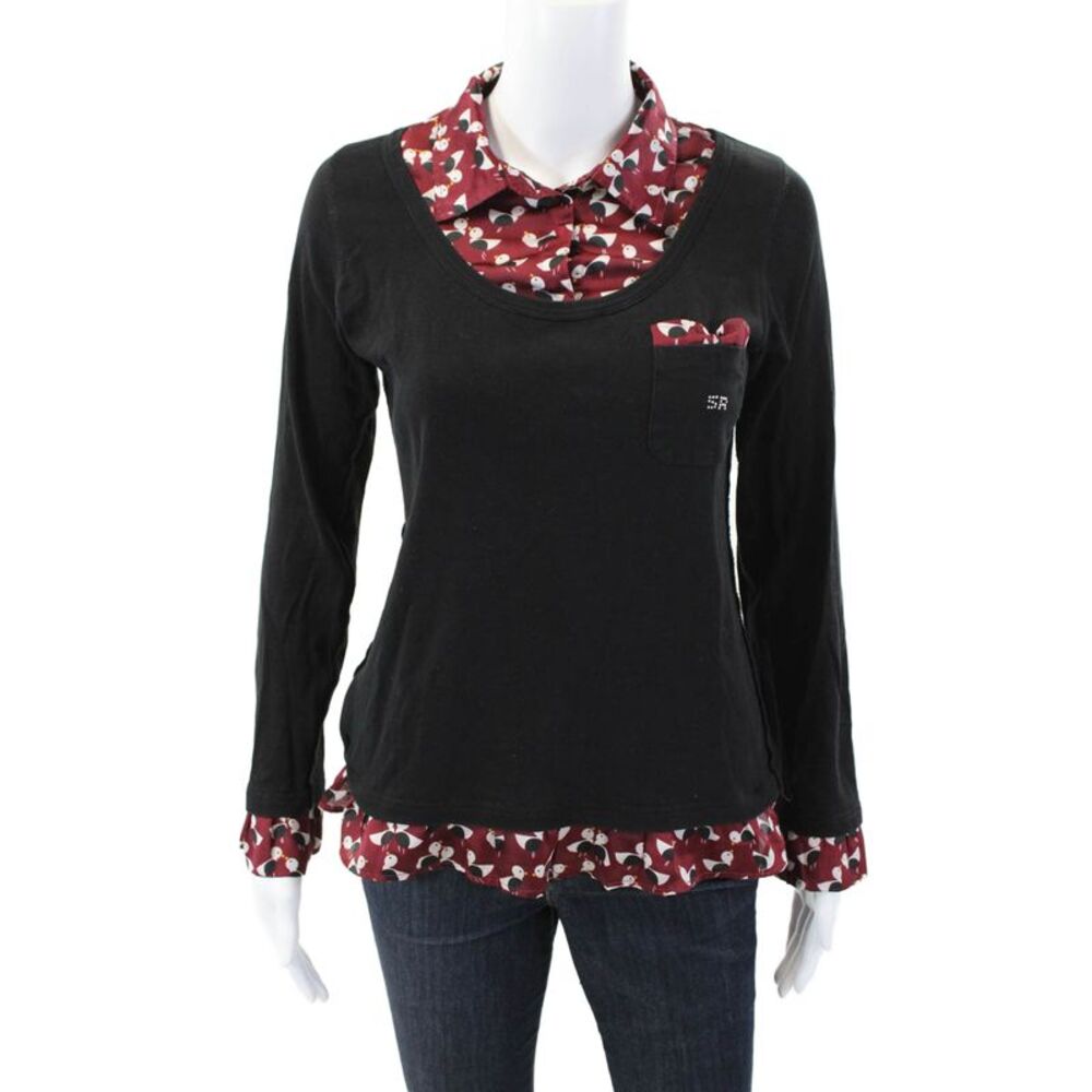 Rykiel Womens Textured Long Sleeve Tiered Collar Layered Top Black Size S